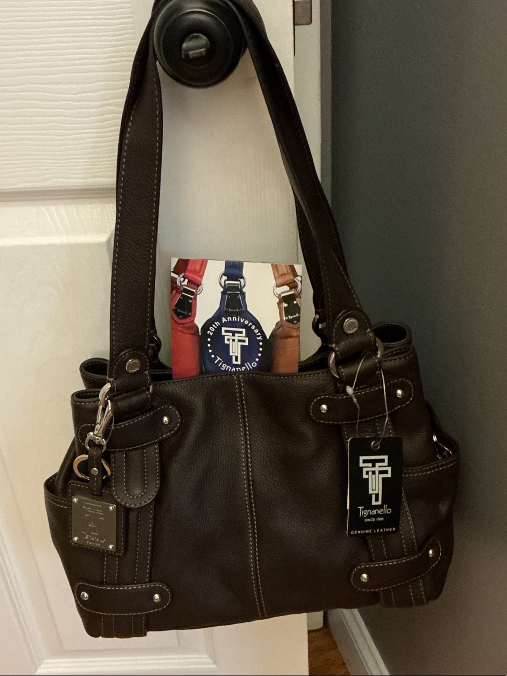 Tignanello Dark Brown Leather Tote Bag. NWT